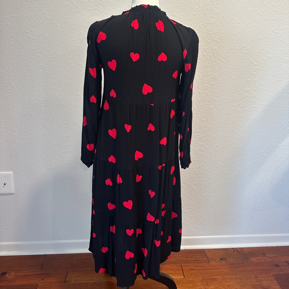 LOFT Black Long Sleeve Tiered Dress with Red Heart Print - Picture 3 of 5
